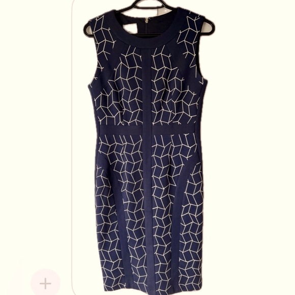 DM Collection Dresses & Skirts - DM Collection Navy Blue Bodycon Midi Dress Crew Neck Back Zip - Size 4